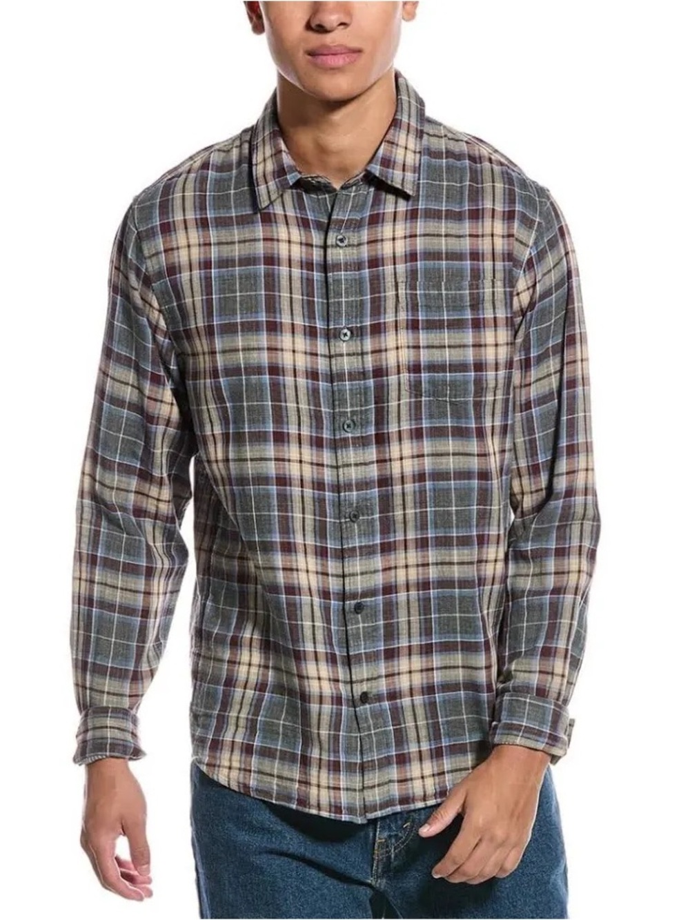 Vince Classic Fit 100% Cotton Double Face Cambria Plaid Shirt Lightweight Size L